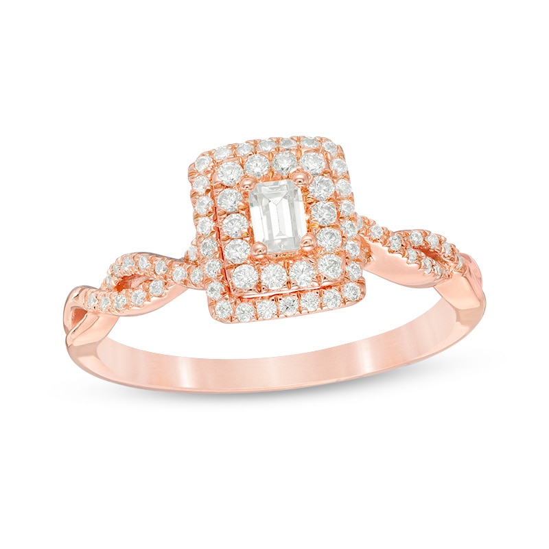 Main Image 1 of Previously Owned - 1/2 CT. T.W. Emerald-Cut Diamond Double Frame Twist Engagement Ring in 14K Rose Gold