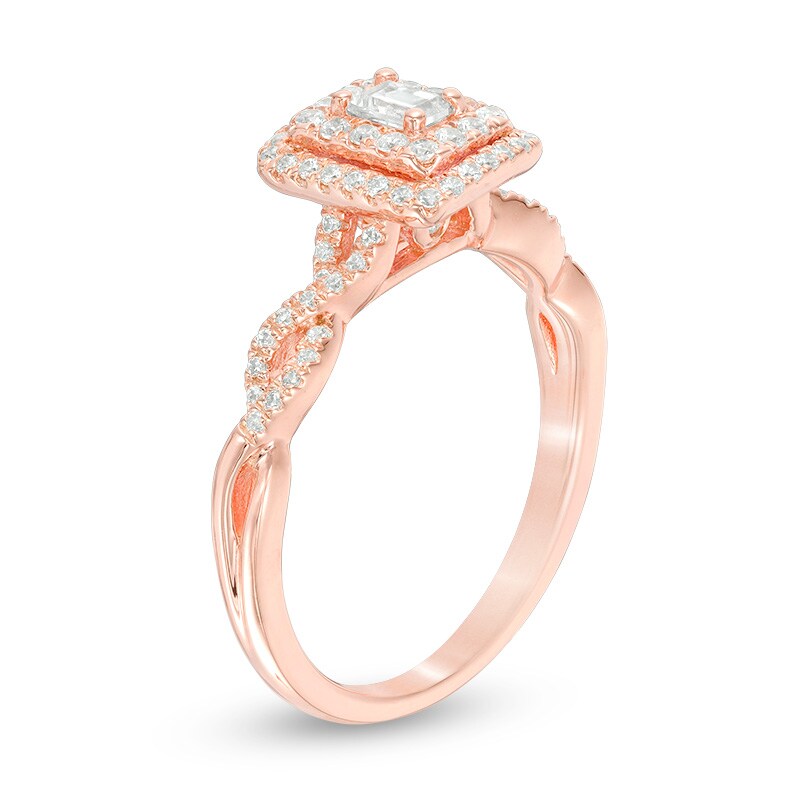 Main Image 2 of Previously Owned - 1/2 CT. T.W. Emerald-Cut Diamond Double Frame Twist Engagement Ring in 14K Rose Gold