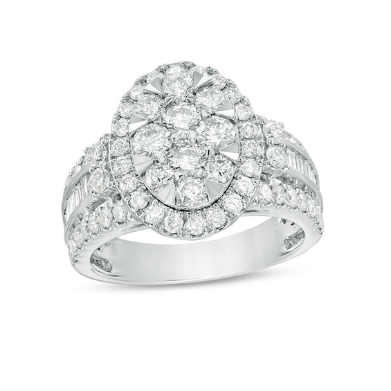 Previously Owned - 2 CT. T.w. Composite Diamond Oval Frame Multi-Row Engagement Ring in 14K White Gold