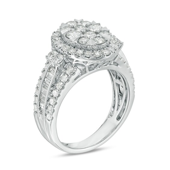 Previously Owned - 2 CT. T.w. Composite Diamond Oval Frame Multi-Row Engagement Ring in 14K White Gold