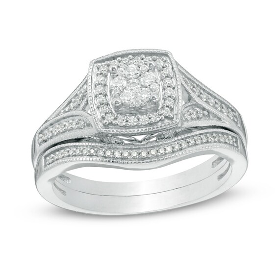 Previously Owned - 1/3 CT. T.w. Composite Diamond Cushion Frame Vintage-Style Bridal Set in Sterling Silver