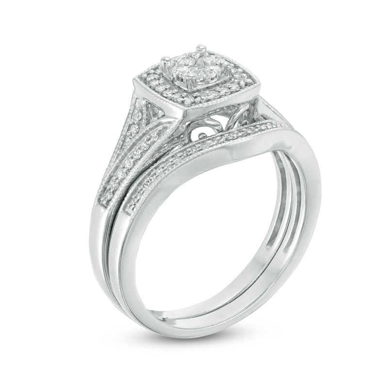 Main Image 2 of Previously Owned - 1/3 CT. T.W. Composite Diamond Cushion Frame Vintage-Style Bridal Set in Sterling Silver