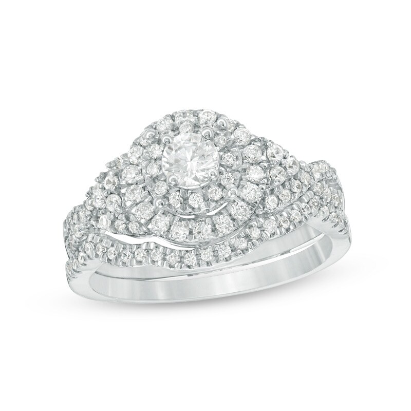 Main Image 1 of Previously Owned - 3/4 CT. T.W. Diamond Double Frame Twist Bridal Set in 10K White Gold