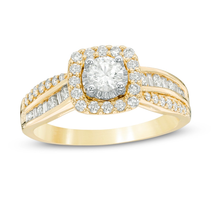 Main Image 1 of Previously Owned - 7/8 CT. T.W. Diamond Cushion Frame Engagement Ring in 14K Gold