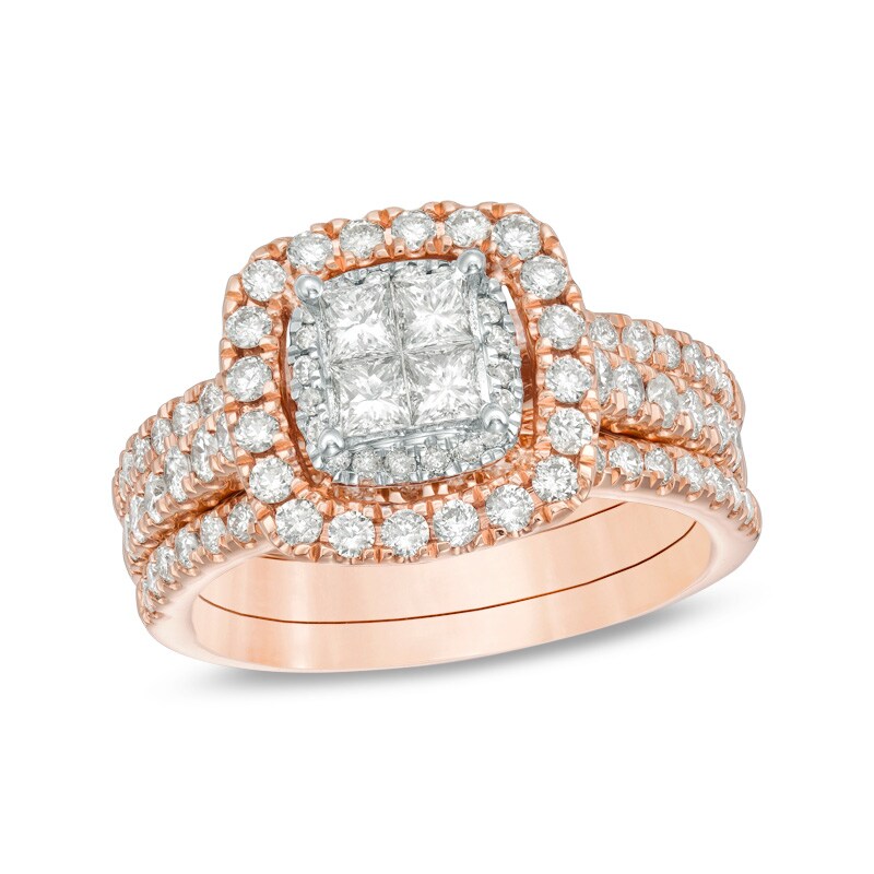 Main Image 1 of Previously Owned - 1-3/8 CT. T.W. Quad Princess-Cut Diamond Double Frame Three Piece Bridal Set in 14K Rose Gold