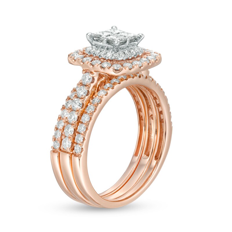 Main Image 2 of Previously Owned - 1-3/8 CT. T.W. Quad Princess-Cut Diamond Double Frame Three Piece Bridal Set in 14K Rose Gold