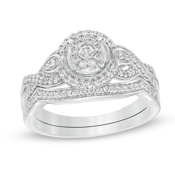 Previously Owned - 3/8 CT. T.w. Diamond Frame Twist Shank Vintage-Style Bridal Set in 10K White Gold