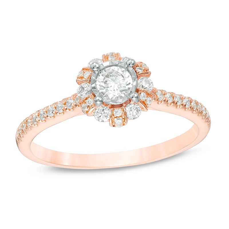 Main Image 1 of Previously Owned - 1/2 CT. T.W. Diamond Scallop Frame Engagement Ring in 14K Rose Gold