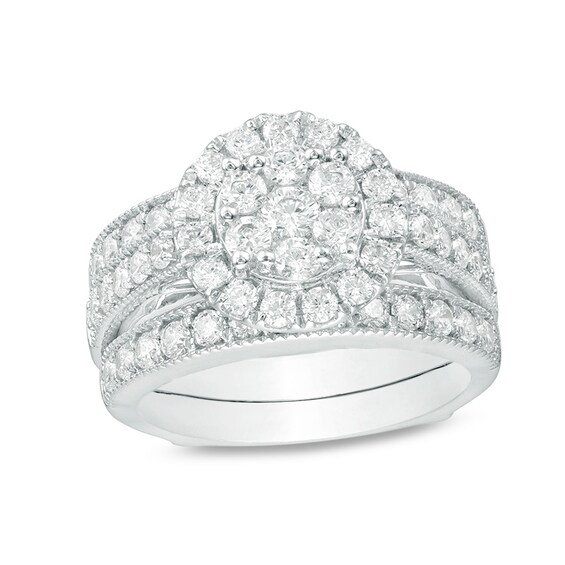 Previously Owned - 2 CT. T.w. Composite Diamond Frame Vintage Style Bridal Set in 14K White Gold
