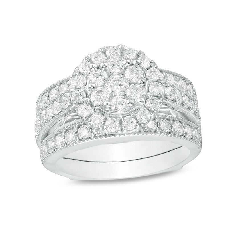 Main Image 1 of Previously Owned - 2 CT. T.W. Composite Diamond Frame Vintage Style Bridal Set in 14K White Gold