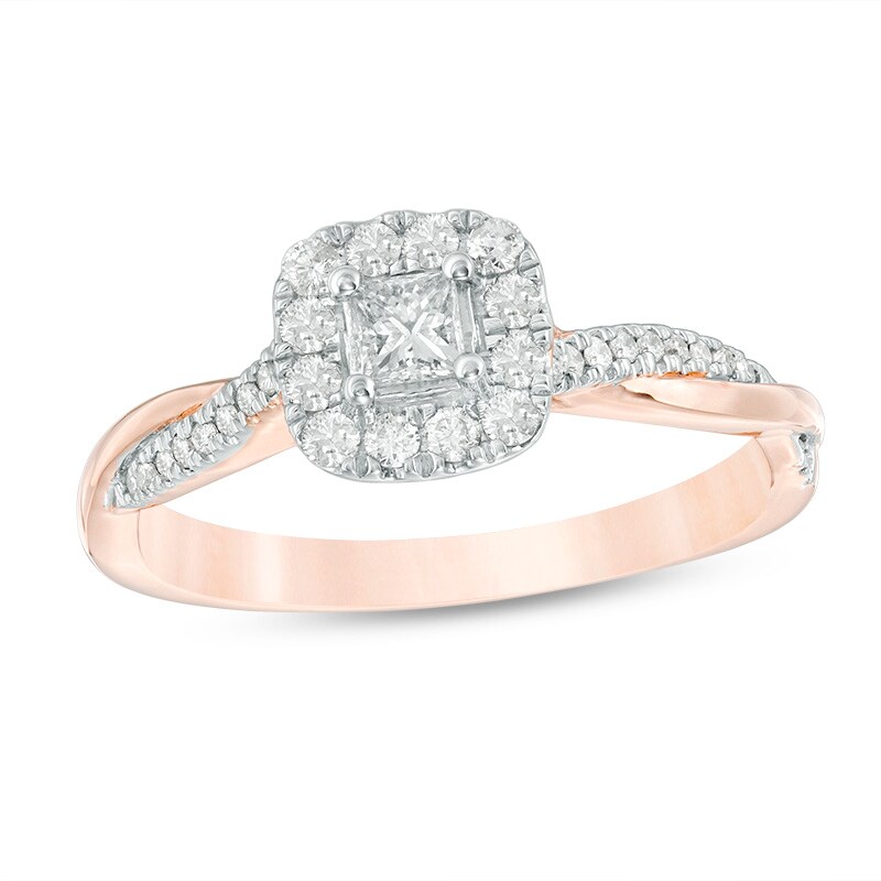 Main Image 1 of Previously Owned - 3/8 CT. T.W. Princess-Cut Diamond Frame Twist Engagement Ring in 10K Rose Gold