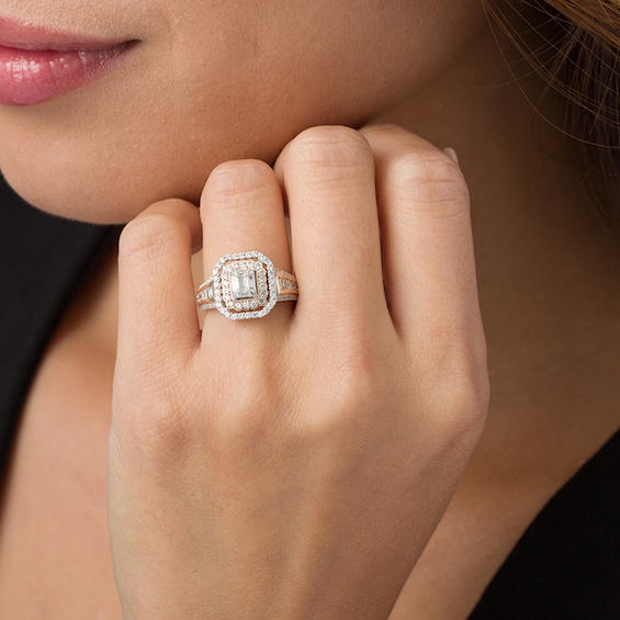 Previously Owned - 1 CT. T.w. Composite Diamond Double Rectangle Frame Engagement Ring in 14K Two-Tone Gold