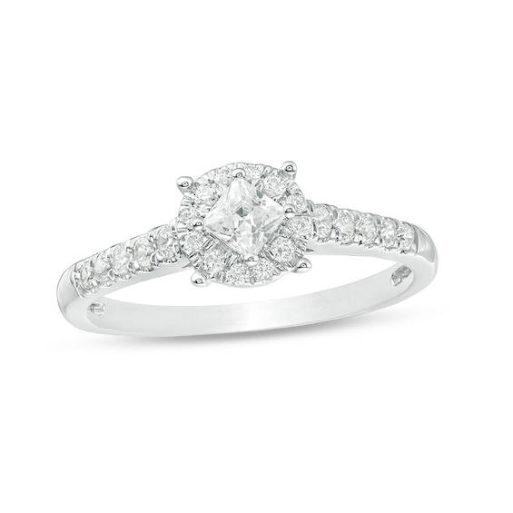 Previously Owned - 1/2 CT. T.w. Princess-Cut Diamond Tilted Frame Engagement Ring in 10K White Gold