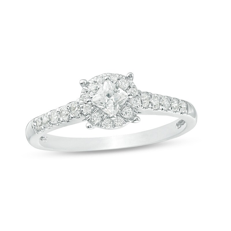 Main Image 1 of Previously Owned - 1/2 CT. T.W. Princess-Cut Diamond Tilted Frame Engagement Ring in 10K White Gold