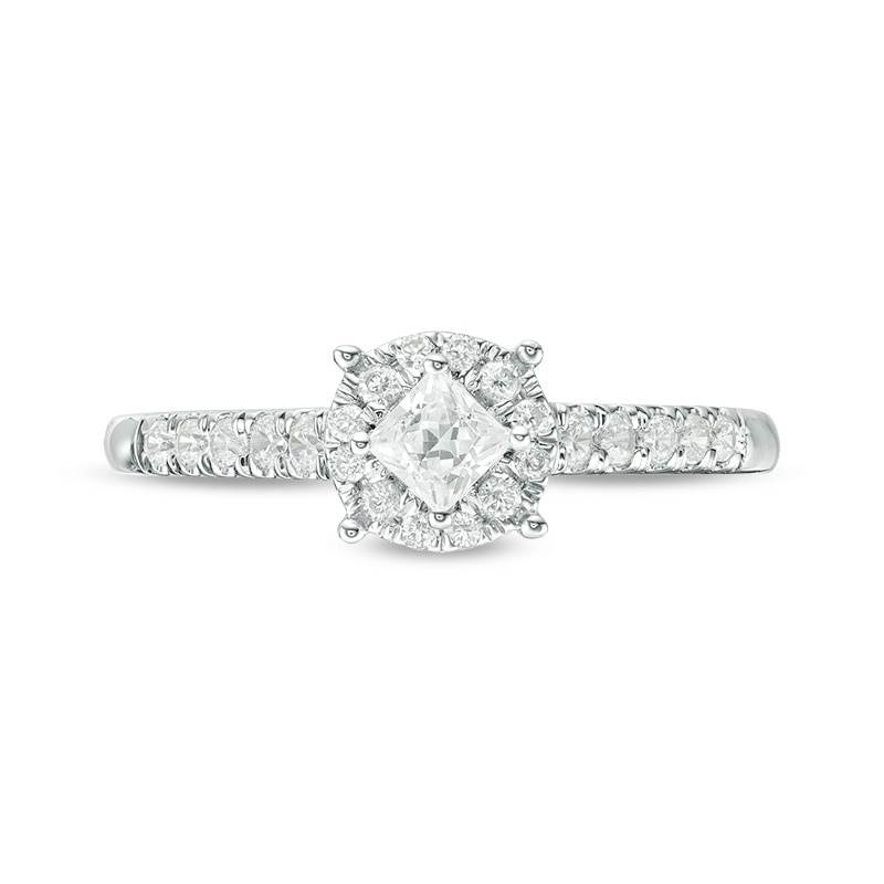 Main Image 4 of Previously Owned - 1/2 CT. T.W. Princess-Cut Diamond Tilted Frame Engagement Ring in 10K White Gold
