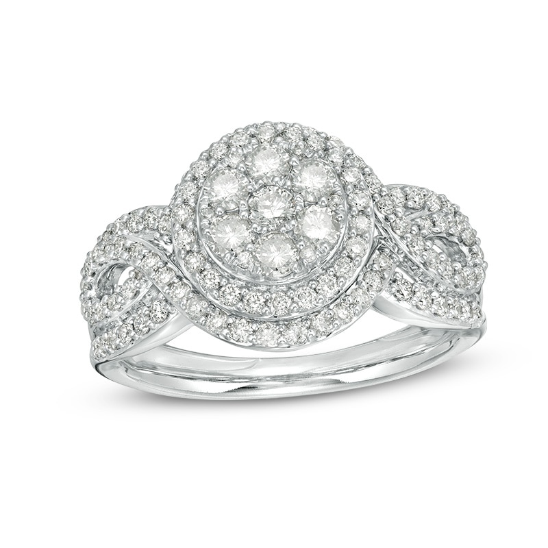 Main Image 1 of Previously Owned - 1 CT. T.W. Composite Diamond Frame Bypass Twist Shank Engagement Ring in 10K White Gold
