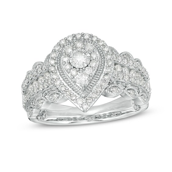 Previously Owned - 1 CT. T.w. Composite Diamond Pear-Shaped Double Vintage-Style Engagement Ring in 10K White Gold