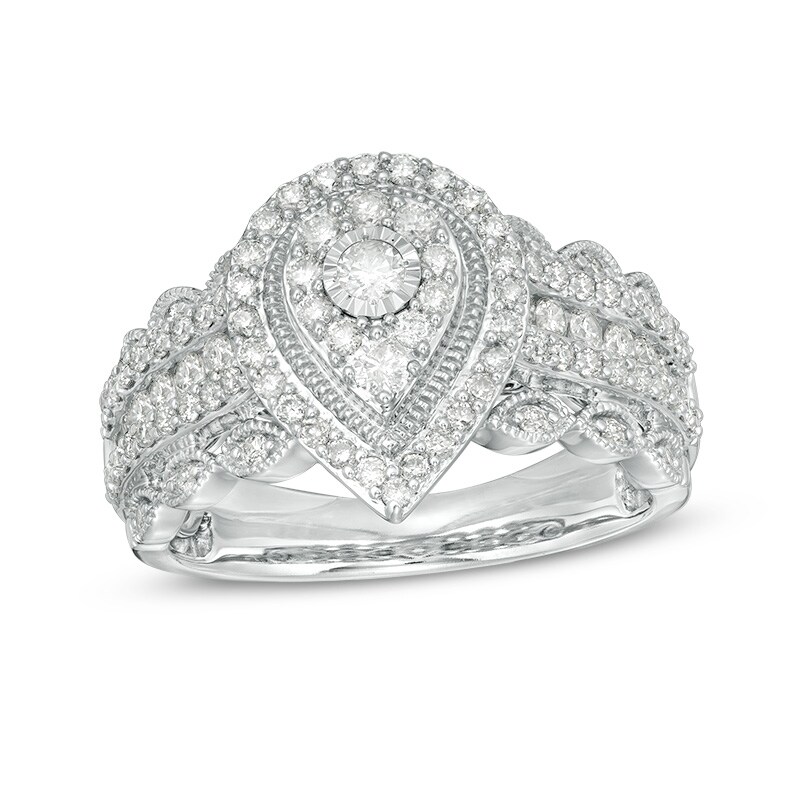 Main Image 1 of Previously Owned - 1 CT. T.W. Composite Diamond Pear-Shaped Double Vintage-Style Engagement Ring in 10K White Gold