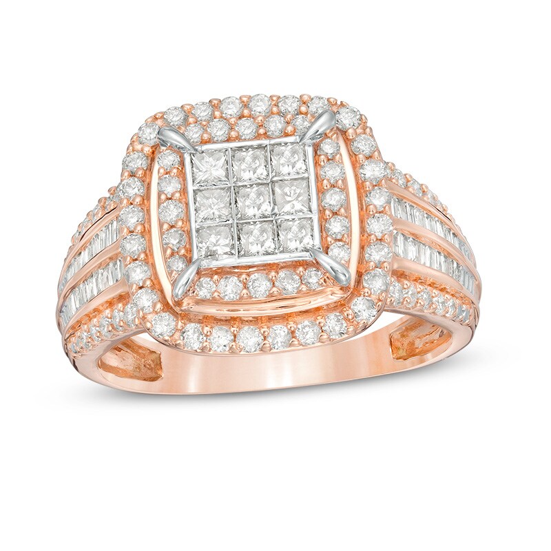 Main Image 1 of Previously Owned - 1 CT. T.W. Composite Princess-Cut Diamond Double Frame Engagement Ring in 10K Rose Gold