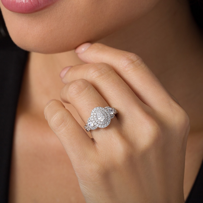 Main Image 2 of Previously Owned - Celebration Ideal 1-3/4 CT. T.W. Oval Diamond Double Frame Engagement Ring in 14K White Gold