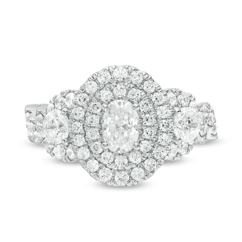 Main Image 4 of Previously Owned - Celebration Ideal 1-3/4 CT. T.W. Oval Diamond Double Frame Engagement Ring in 14K White Gold