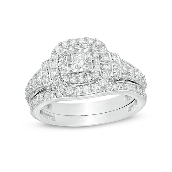 Previously Owned - 1 CT. T.w. Princess-Cut Diamond Double Frame Collar Vintage-Style Bridal Set in 10K White Gold
