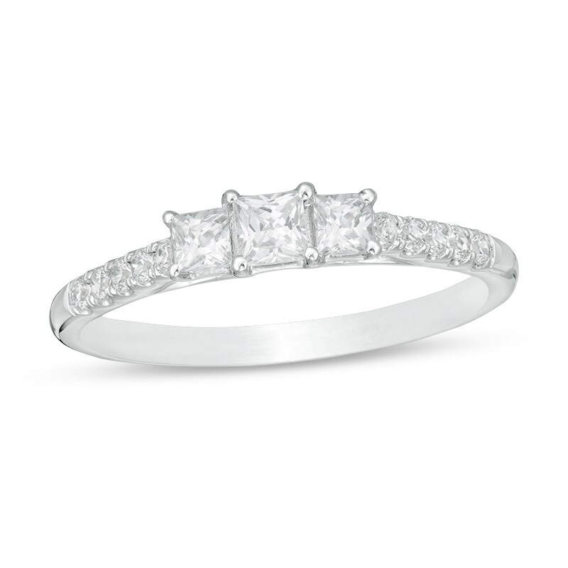 Main Image 1 of Previously Owned - 1/2 CT. T.W. Princess-Cut Diamond Past Present Future® Engagement Ring in 10K White Gold