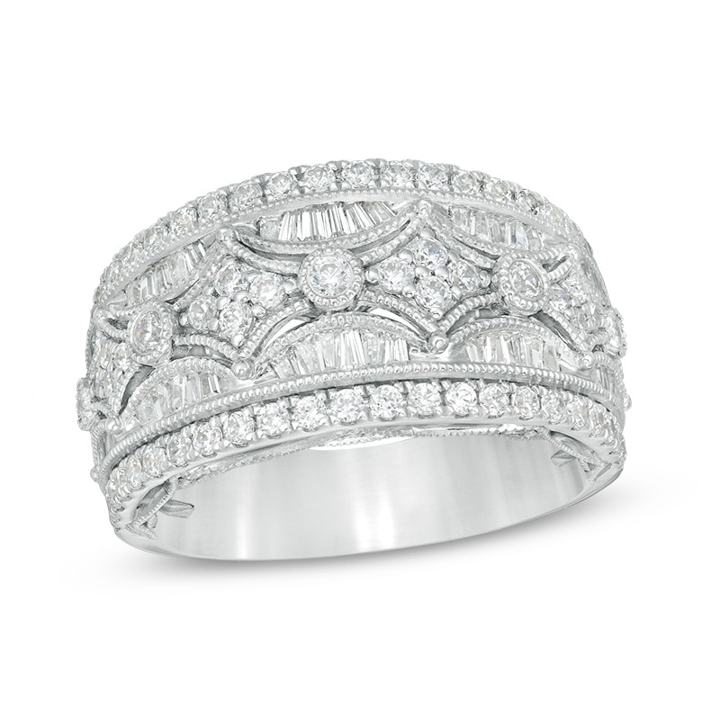 Main Image 1 of Previously Owned - 1 CT. T.W. Baguette and Round Diamond Vintage-Style Multi-Row Anniversary Ring in 14K White Gold