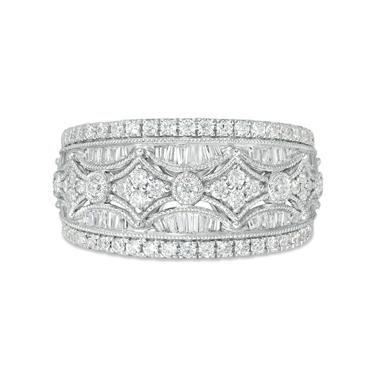 Main Image 4 of Previously Owned - 1 CT. T.W. Baguette and Round Diamond Vintage-Style Multi-Row Anniversary Ring in 14K White Gold