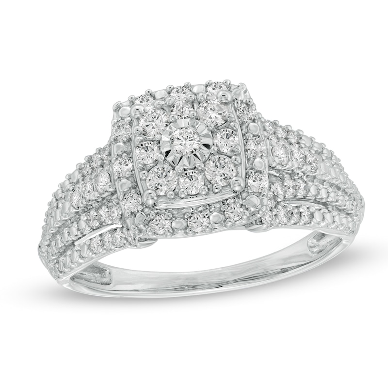 Main Image 1 of Previously Owned - 1/2 CT. T.W. Composite Diamond Double Cushion Frame Engagement Ring in 10K White Gold