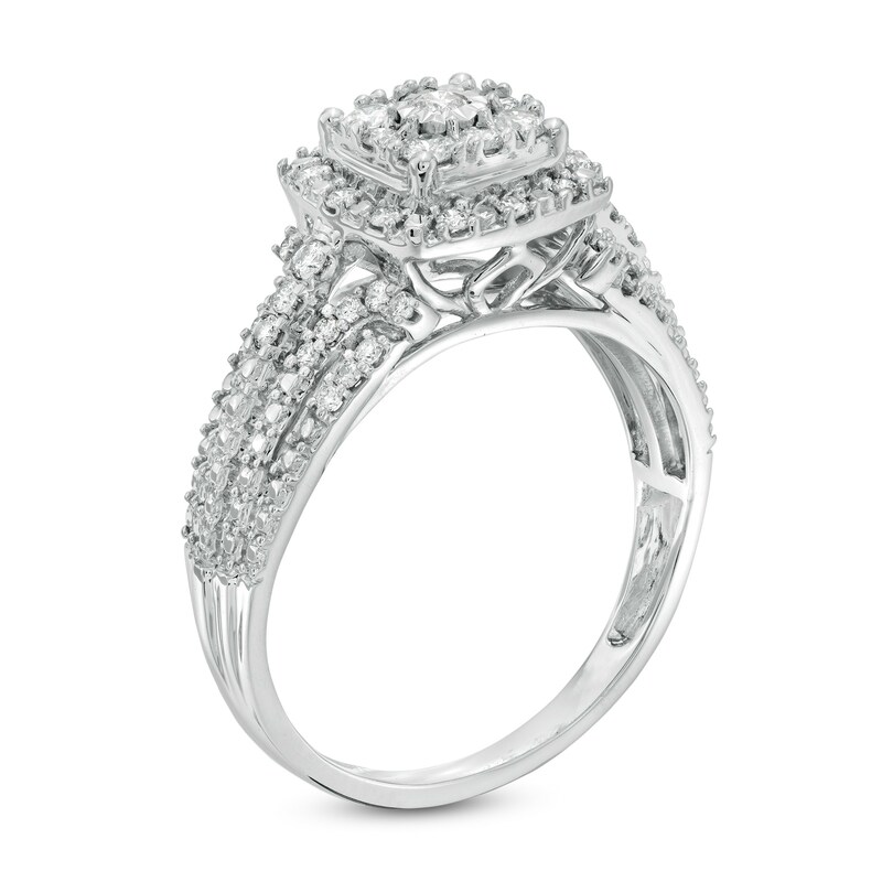 Main Image 3 of Previously Owned - 1/2 CT. T.W. Composite Diamond Double Cushion Frame Engagement Ring in 10K White Gold