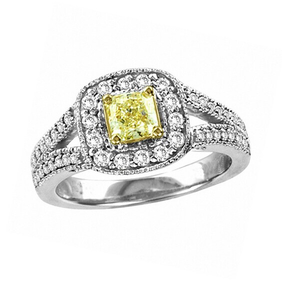 Previously Owned - 1 CT. T.w. Radiant-Cut Natural Fancy Yellow and White Diamond Framed Ring in 18K White Gold