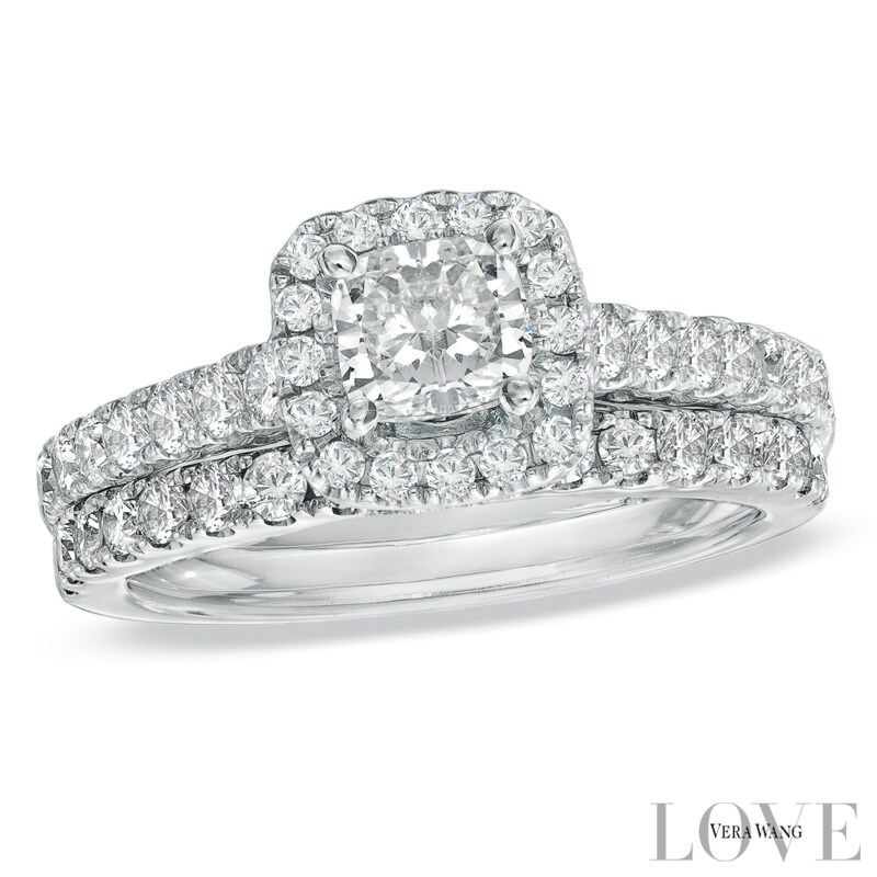 Main Image 1 of Previously Owned - Vera Wang Love Collection 1-1/2 CT. T.W. Cushion-Cut Diamond Frame Bridal Set in 14K White Gold