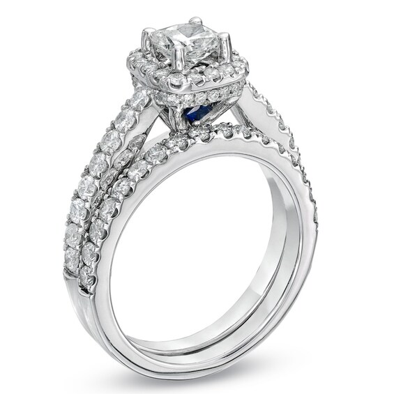 Previously Owned - Vera Wang Love Collection 1-1/2 CT. T.w. Cushion-Cut Diamond Frame Bridal Set in 14K White Gold