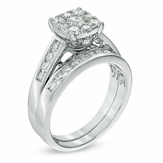 Previously Owned - 1 CT. T.w. Diamond Square Composite Bridal Set in 14K White Gold