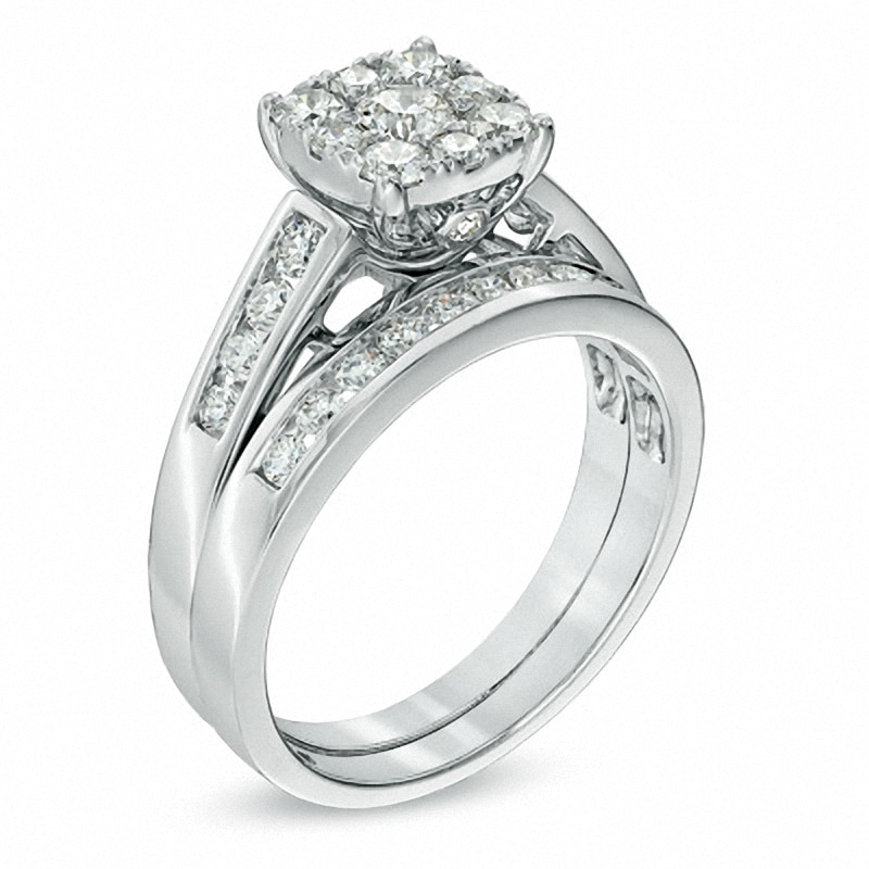 Main Image 2 of Previously Owned - 1 CT. T.W. Diamond Square Composite Bridal Set in 14K White Gold