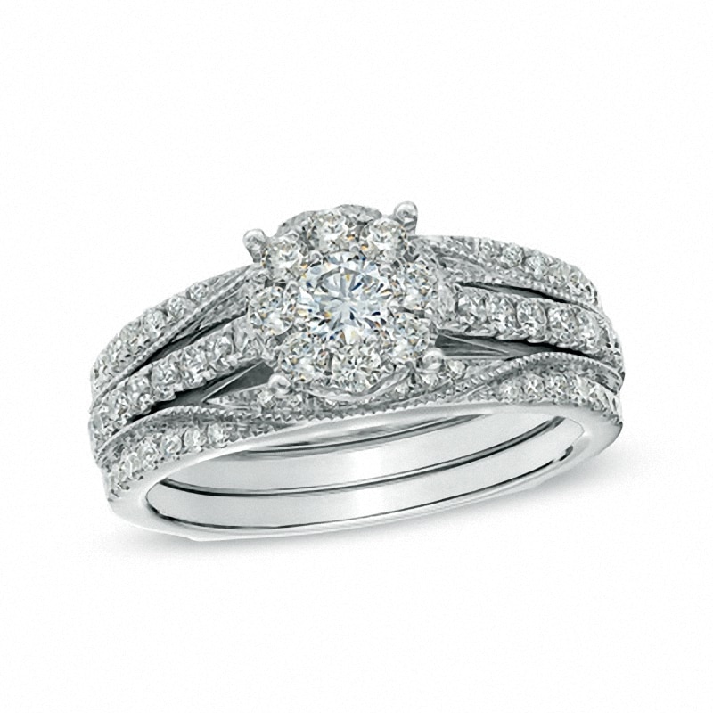 Main Image 1 of Previously Owned - 1 CT. T.W. Diamond Cluster Vintage-Style Bridal Set in 14K White Gold