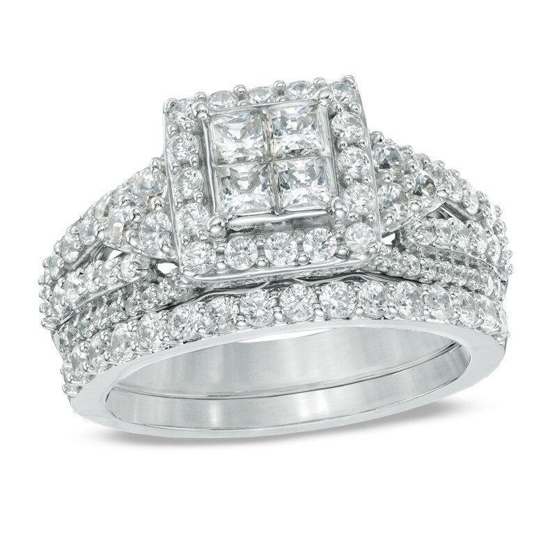 Main Image 1 of Previously Owned - 1-1/2 CT. T.W. Princess-Cut Quad Diamond Frame Bridal Set in 14K White Gold
