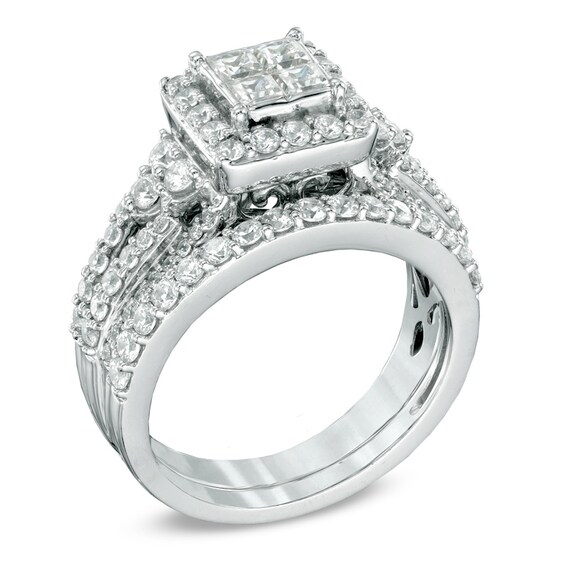 Previously Owned - 1-1/2 CT. T.w. Princess-Cut Quad Diamond Frame Bridal Set in 14K White Gold