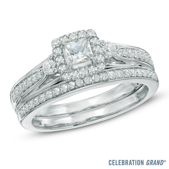 Previously Owned - Celebration Grand® 5/8 CT. T.w. Princess-Cut Diamond Frame Bridal Set in 14K White Gold (H-I/I1)