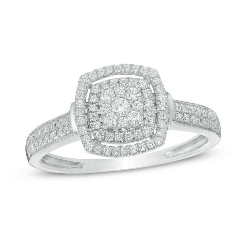 Main Image 1 of Previously Owned - 1/4 CT. T.W. Composite Diamond Double Squared Frame Engagement Ring in 10K White Gold