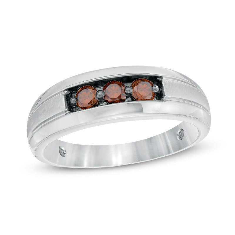 Main Image 1 of Previously Owned - Men's 1/2 CT. T.W. Enhanced Champagne Diamond Three Stone Wedding Band in 10K White Gold