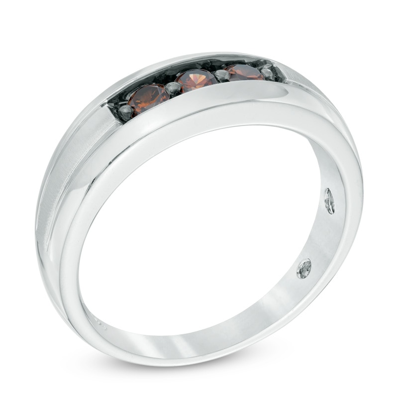 Main Image 2 of Previously Owned - Men's 1/2 CT. T.W. Enhanced Champagne Diamond Three Stone Wedding Band in 10K White Gold
