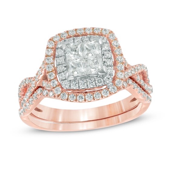Previously Owned - 1 CT. T.w. Princess-Cut Composite Diamond Frame Twist Engagement Ring in 14K Rose Gold