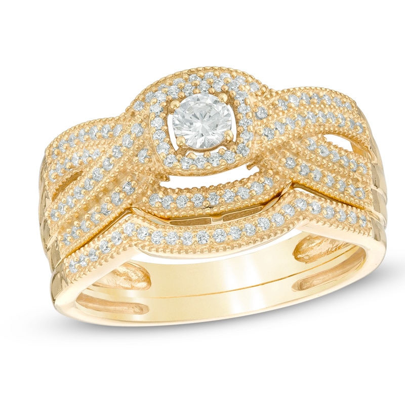 Main Image 1 of Previously Owned - 1/2 CT. T.W. Diamond Square Frame Twisted Shank Bridal Set in 14K Gold