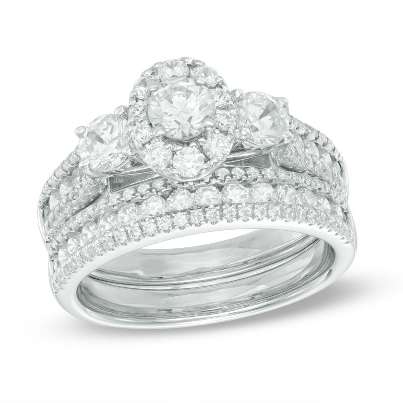 Main Image 1 of Previously Owned - 2 CT. T.W. Diamond Frame Past Present Future® Bridal Set in 14K White Gold