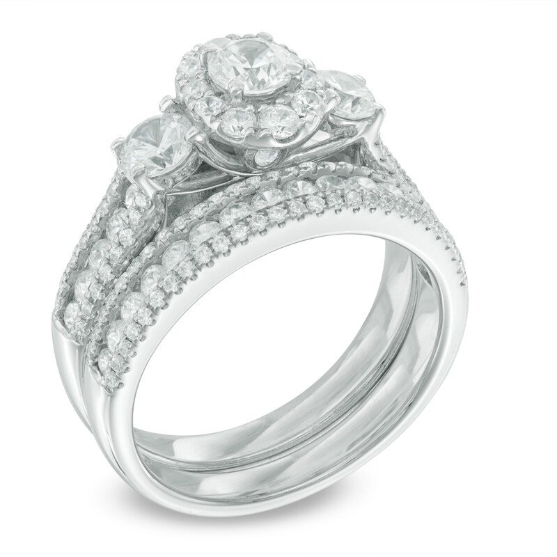 Main Image 2 of Previously Owned - 2 CT. T.W. Diamond Frame Past Present Future® Bridal Set in 14K White Gold