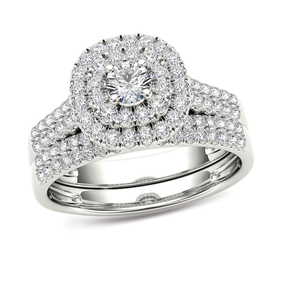 Previously Owned - 1 CT. T.w. Diamond Double Frame Multi-Row Bridal Set in 14K White Gold