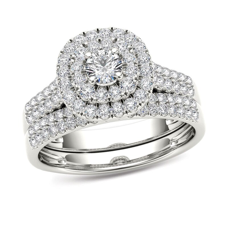 Main Image 1 of Previously Owned - 1 CT. T.W. Diamond Double Frame Multi-Row Bridal Set in 14K White Gold