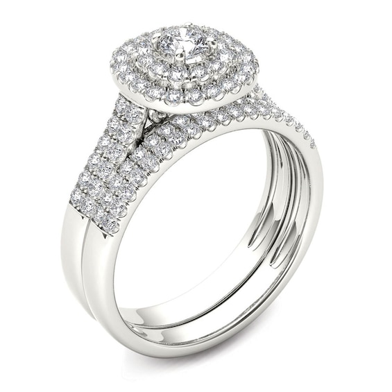 Previously Owned - 1 CT. T.w. Diamond Double Frame Multi-Row Bridal Set in 14K White Gold